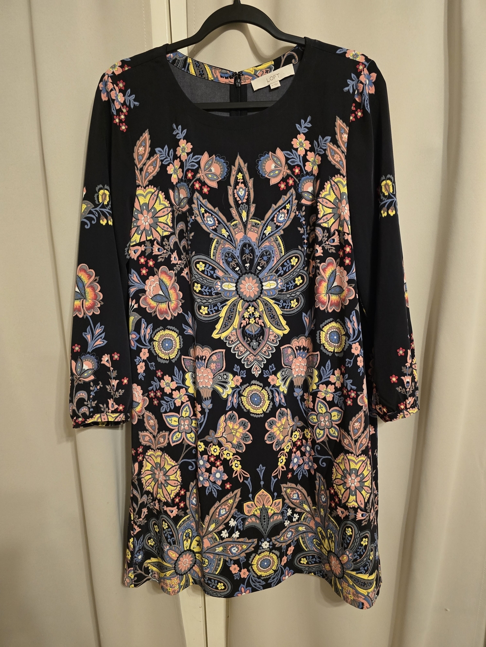 LOFT Black Floral Paisley Long Sleeve Shift Dress Size M
